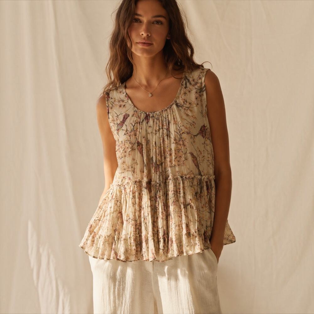Mes Demoiselles Paris Merle Bird Floral Print Cotton Peplum Top FR 40